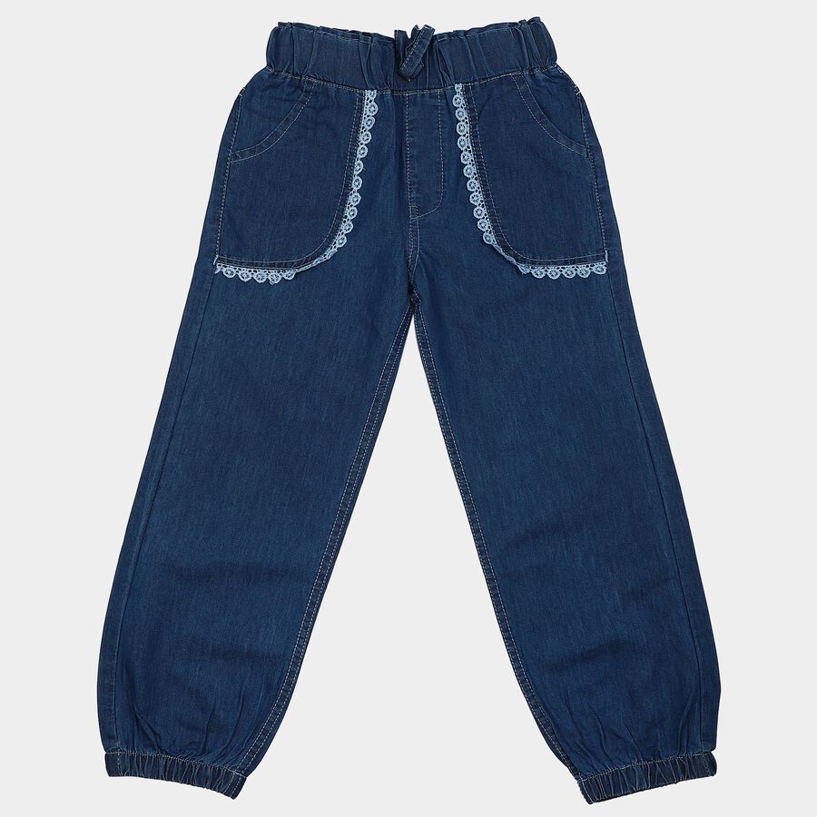 Girls Blue Jogger Fit Lace Trim Jeans, Light Blue, large