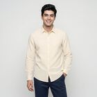 Men's Cream Cotton Long Sleeve Collar Shirt, Off White, small
