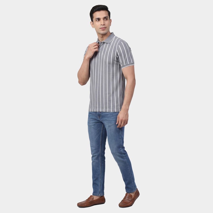 Men's Blue Polo Neck Preppy Collared T-Shirt, मध्यम नीला, large