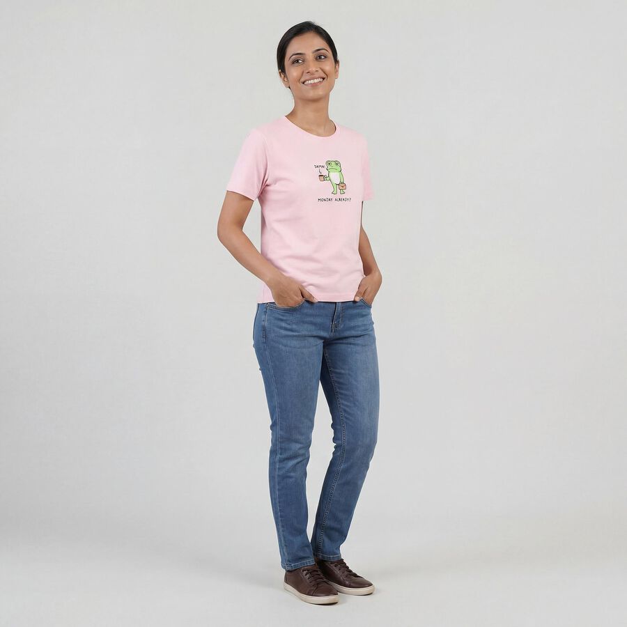 Women's Light Pink Cotton Round Neck Casual T-Shirt, Light Pink, large