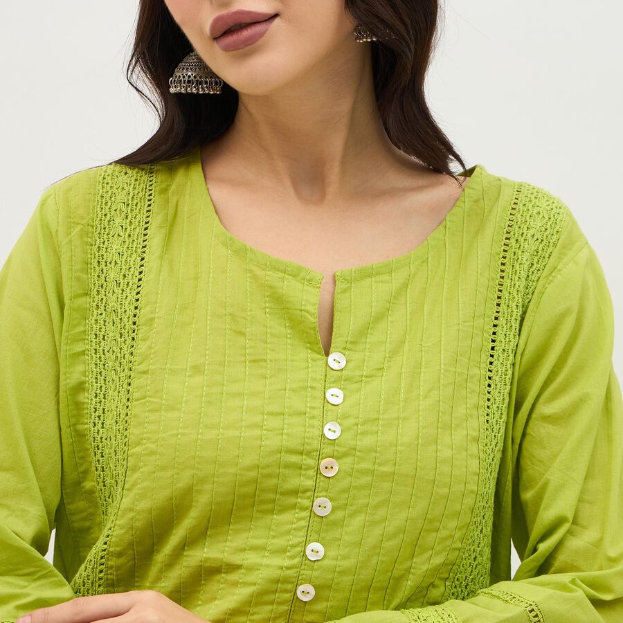 Women's Bright Lime Green Cotton Self Design Ethnic Set, Light Green, large image number null
