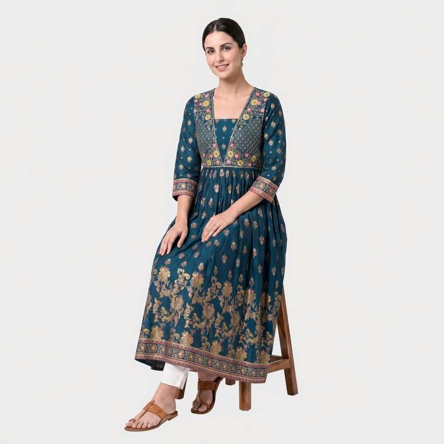 Women's Navy Blue Square Neck Embroidered Kurta, Navy Blue, large