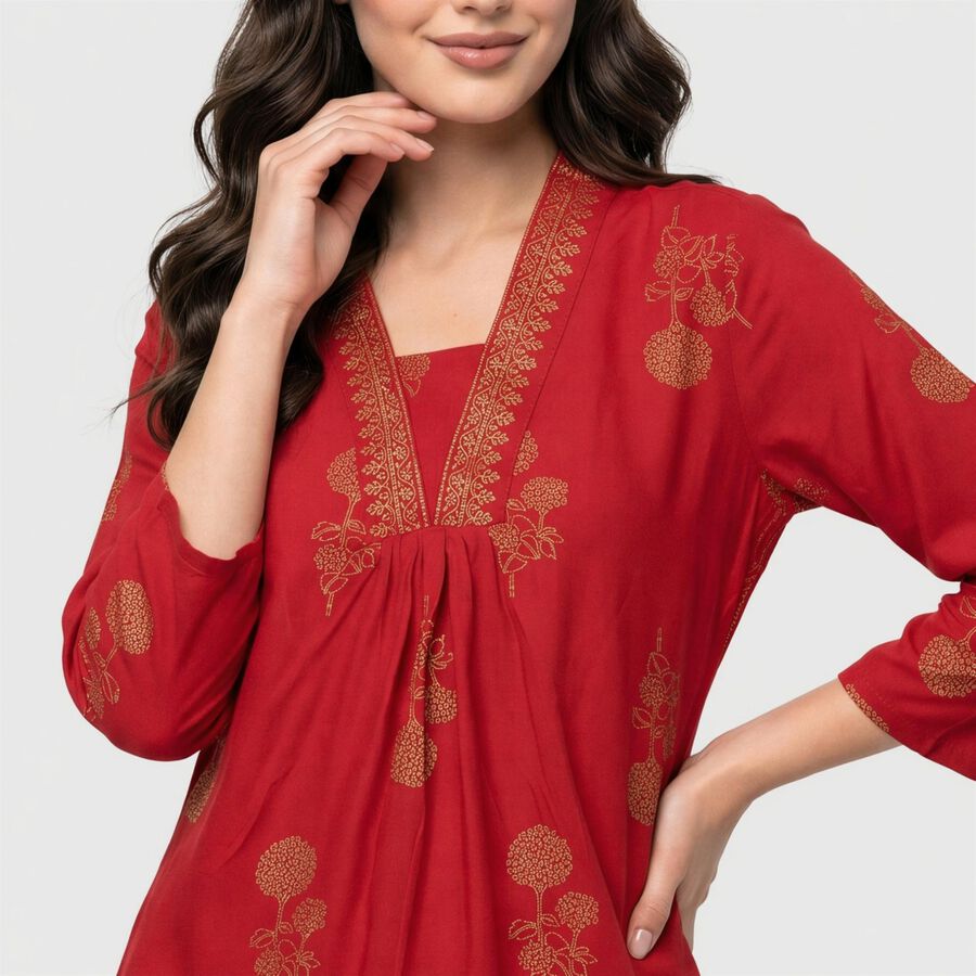 Women's Maroon V-Neck Printed Kurti, मरून, large