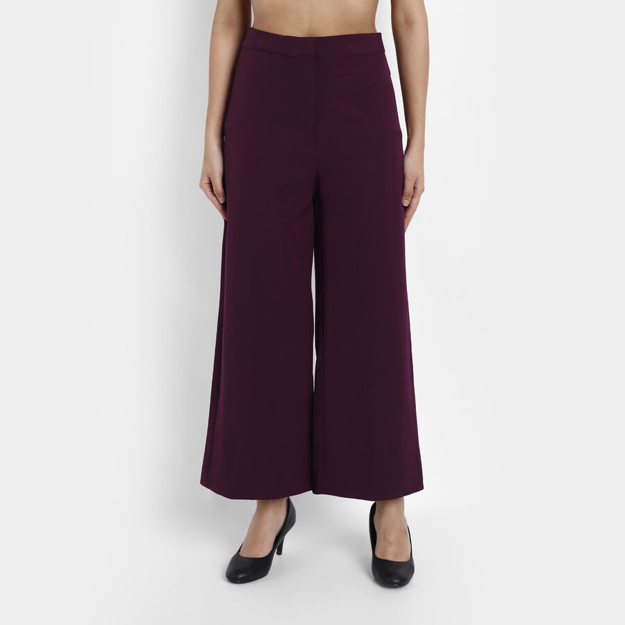 Solid Flared High Rise Trousers, Wine, large image number null