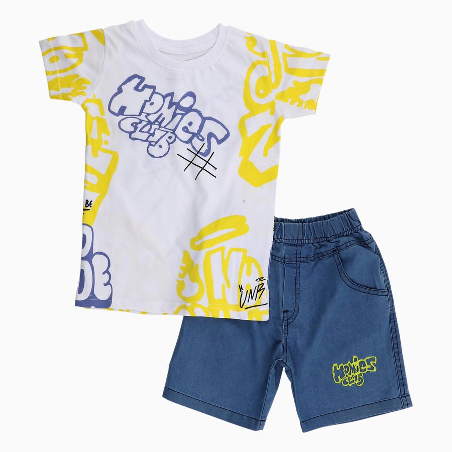 Boys' White Cotton Round Neck Graffiti Printed Baba Suit, White, large image number null