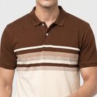 Men's Brown Polo Neck Striped T-Shirt, Brown, small