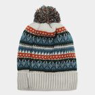 Boys' Grey Patterned Pom-Pom Beanie Cap, Light Grey, small