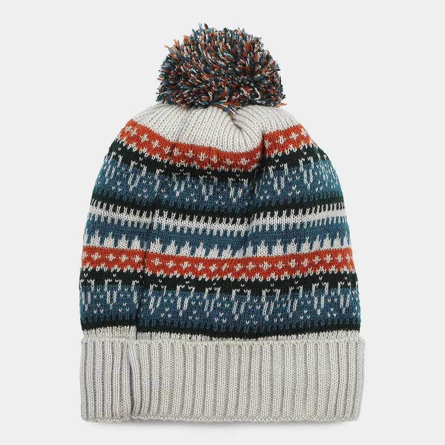 Boys' Grey Patterned Pom-Pom Beanie Cap, Light Grey, large