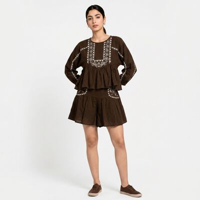 Women's Brown Cotton Embroidered Co-ord Set