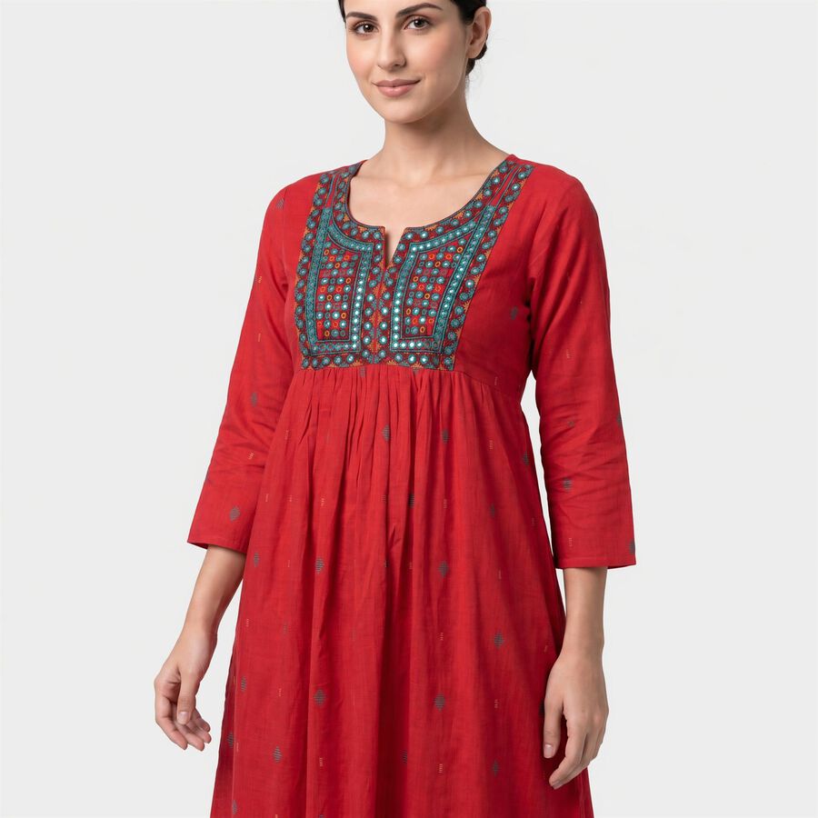 Women's Fuchsia Cotton Notch Neck Embroidered Kurta, Fuchsia, large