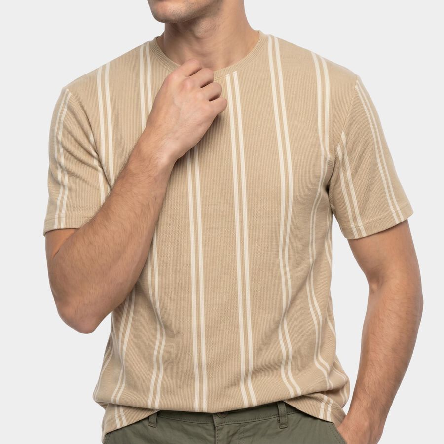 Men's Beige Round Neck Regular T-Shirt, Beige, large
