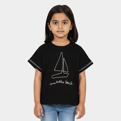 Girls Black Cotton Round Neck Casual T-Shirt