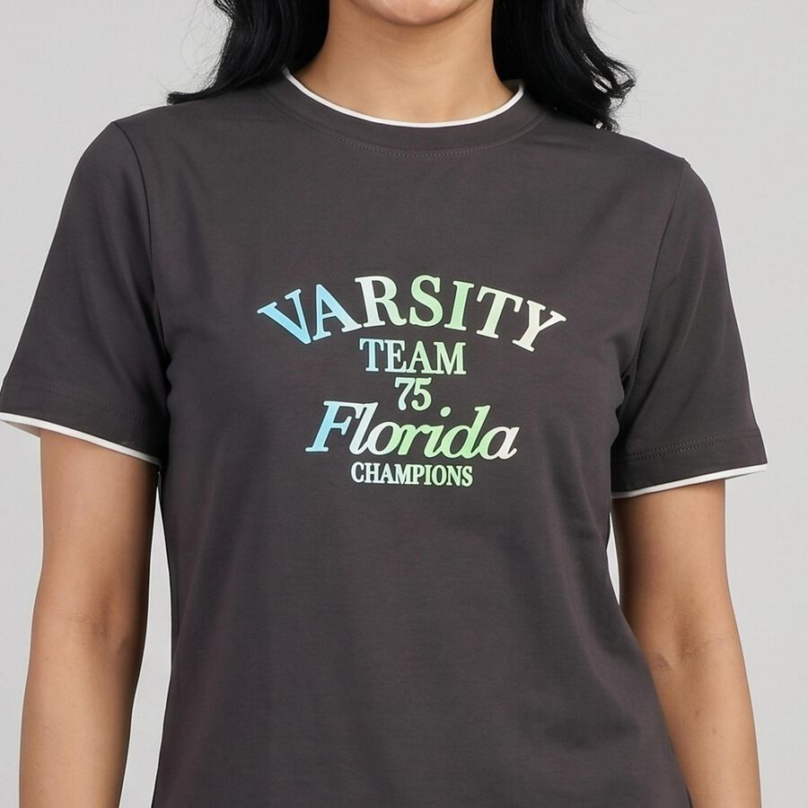 Women's Grey Round Neck Casual T-Shirt, Dark Grey, large