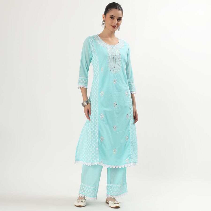 Women's Light Aqua Blue Cotton Embroidered Ethnic Set, Light Blue, large image number null