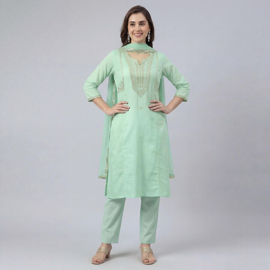 Women's Green Notch Neck Self Design Kurta, Light Green, large