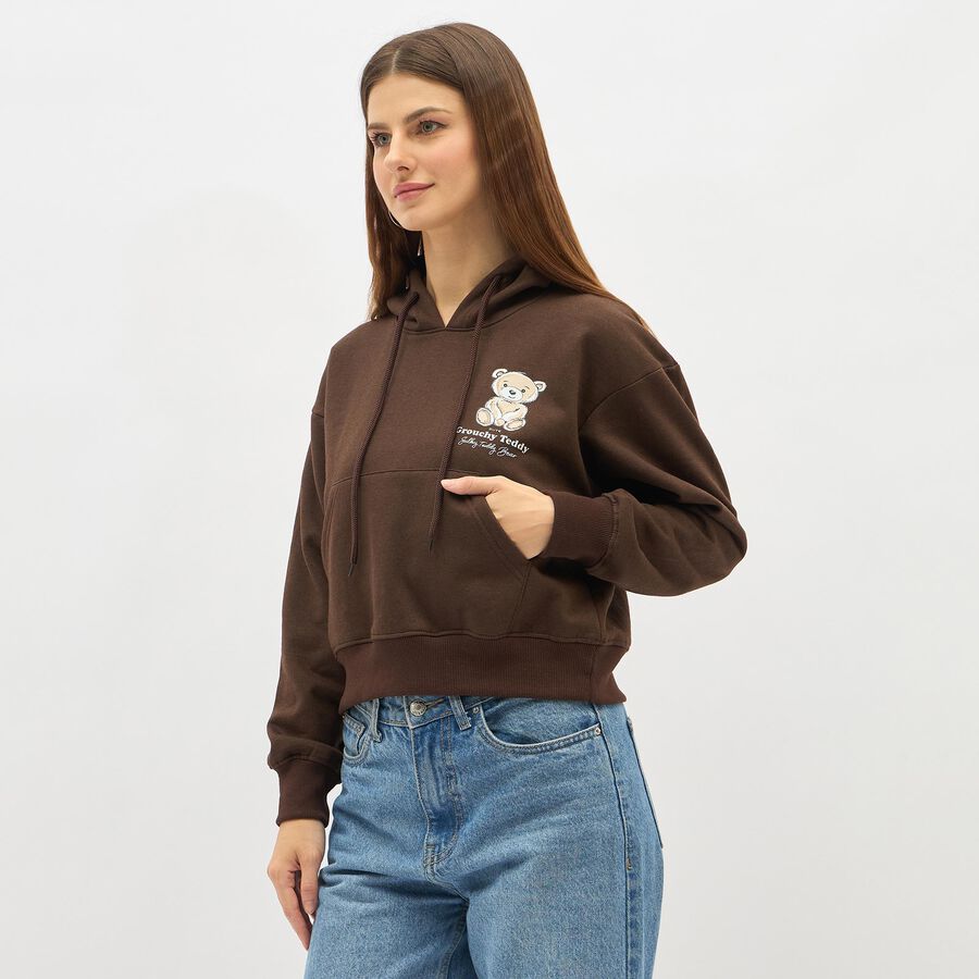 Women's Dark Chocolate Brown Hooded Neck Casual Sweatshirt, Brown, large image number null