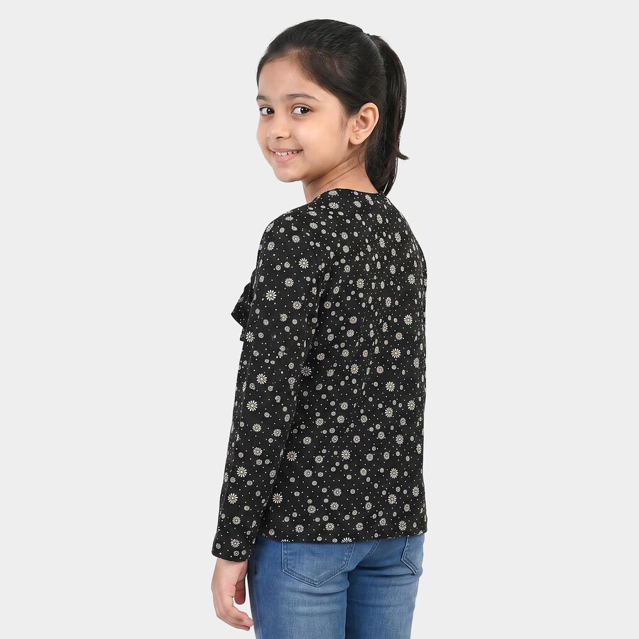 Girls' Black Round Neck Floral Regular Top, काला, large