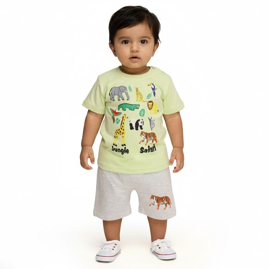 Infants' Light Green Cotton Round Neck Jungle Safari Baba Suit, Light Green, large