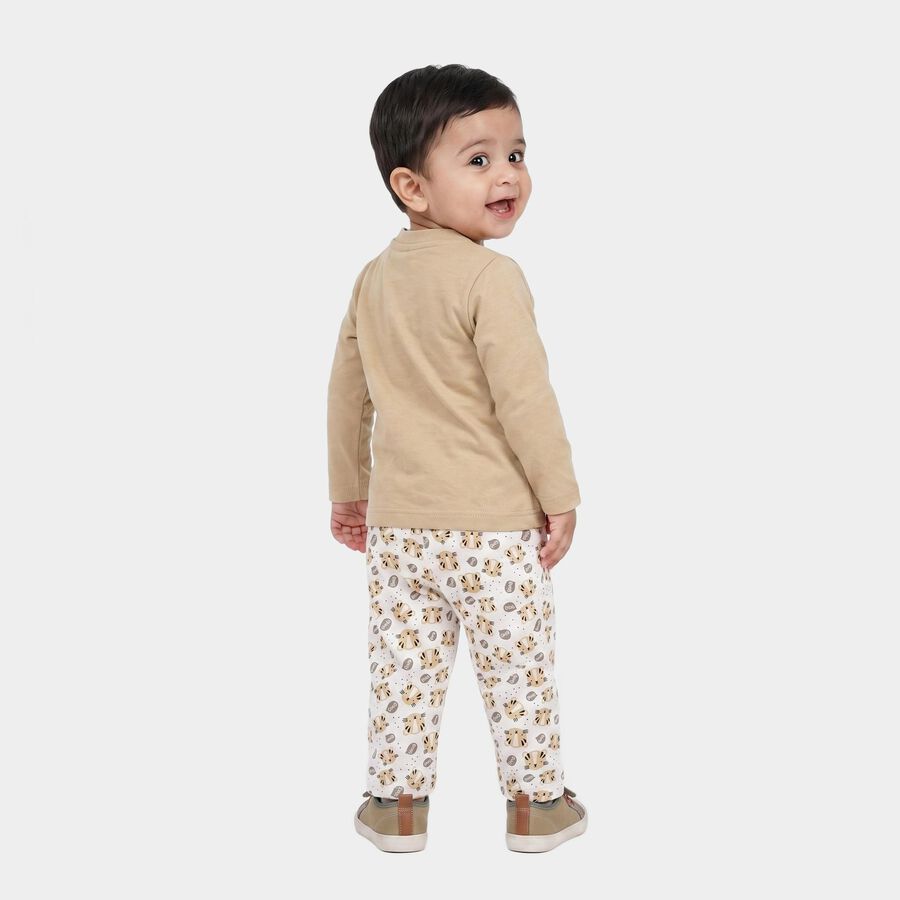 Infants' Beige 100% Cotton Henley Neck Graphic Print Baba Suit, गहरा पीला, large