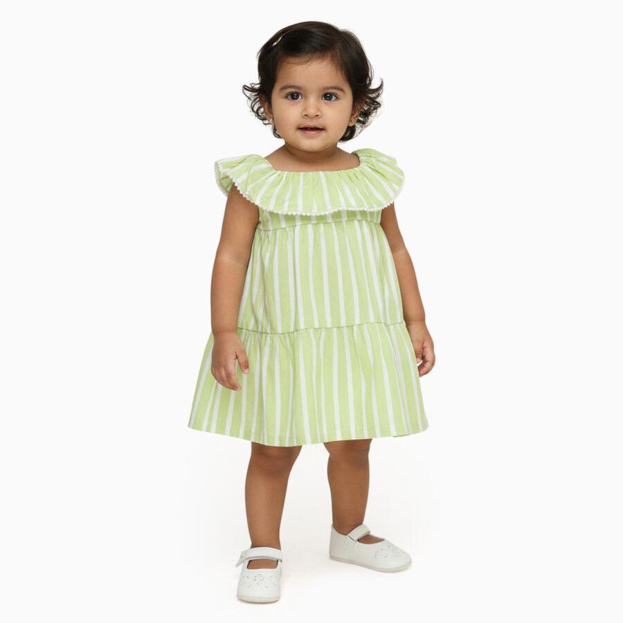 Infants' Light Mint Green Striped Tiered Sleeveless Frock, हल्का हरा, large image number null