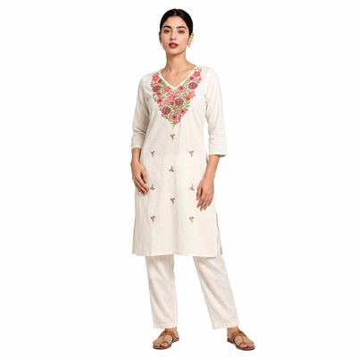 Women's Cream Cotton Embroidered Ethnic Set