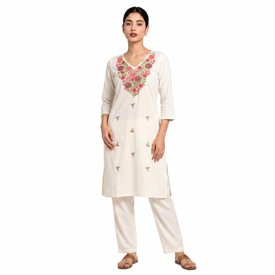 Women's Cream Cotton Embroidered Ethnic Set, Off White, large