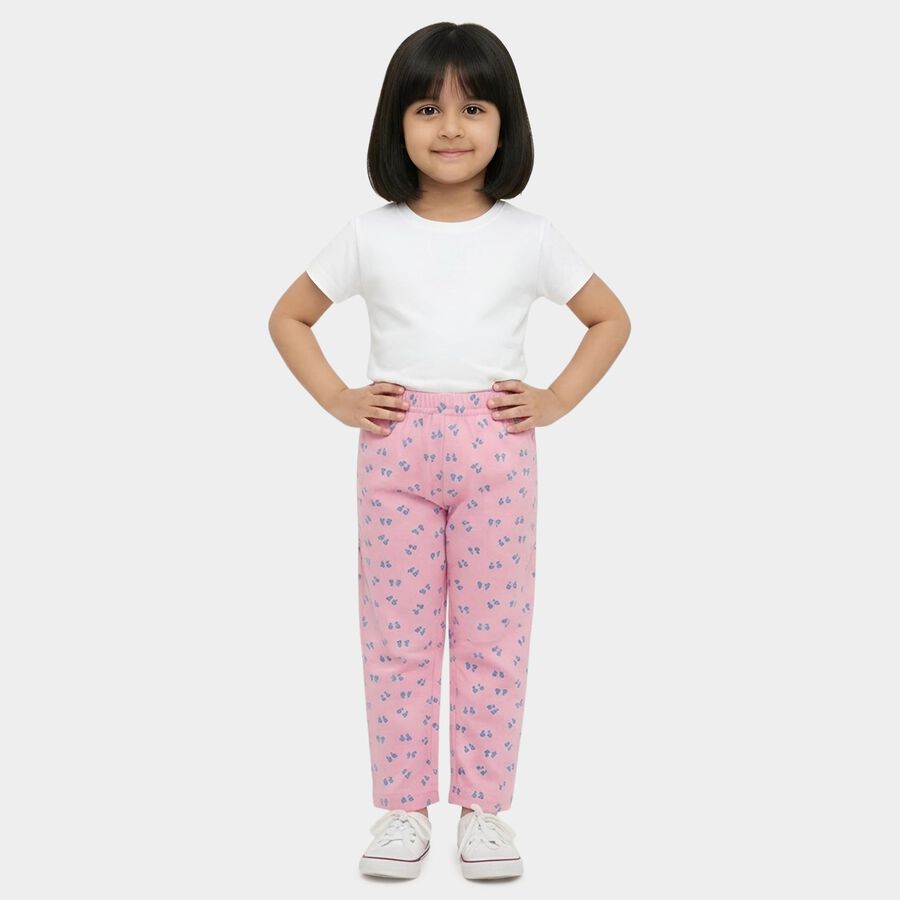 Girls' Pink Regular Fit Bow Printed Cotton Blend Pyjama, हल्का गुलाबी, large