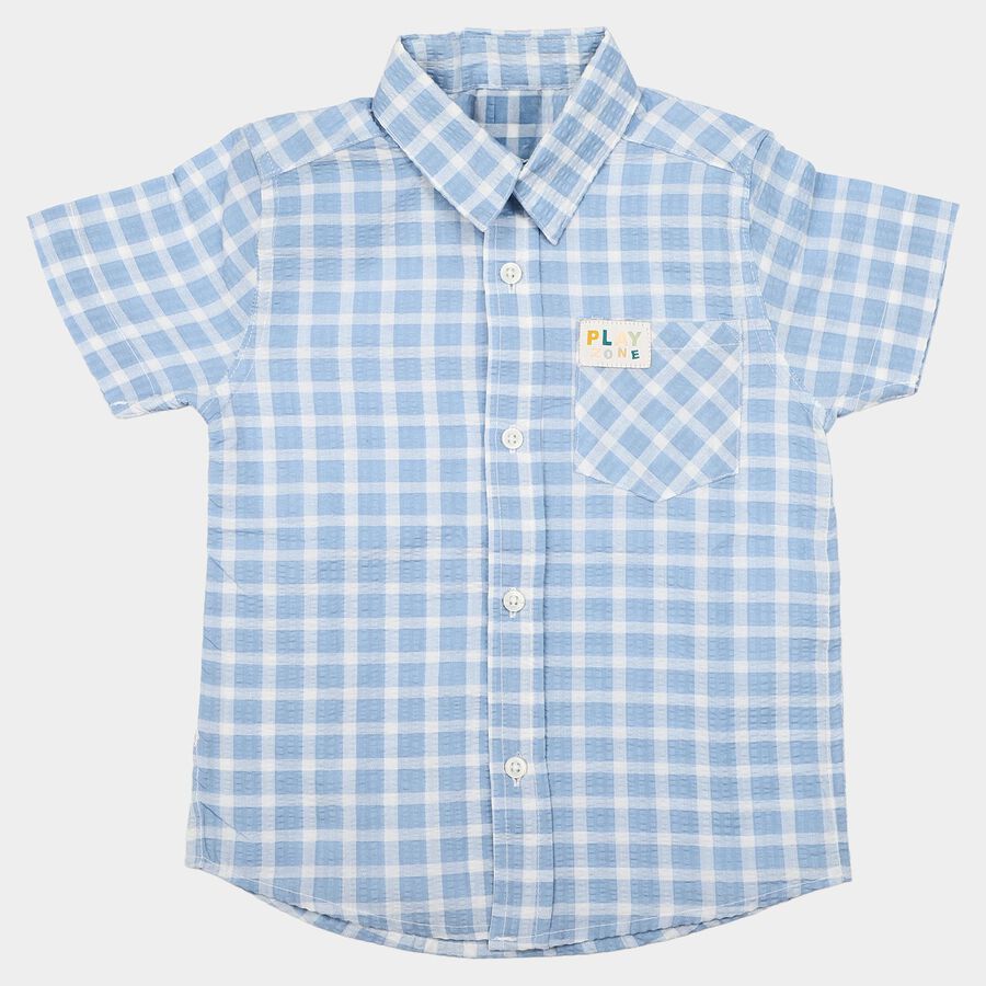 Boys Light Blue Cotton Checked Casual Shirt, हल्का नीला, large