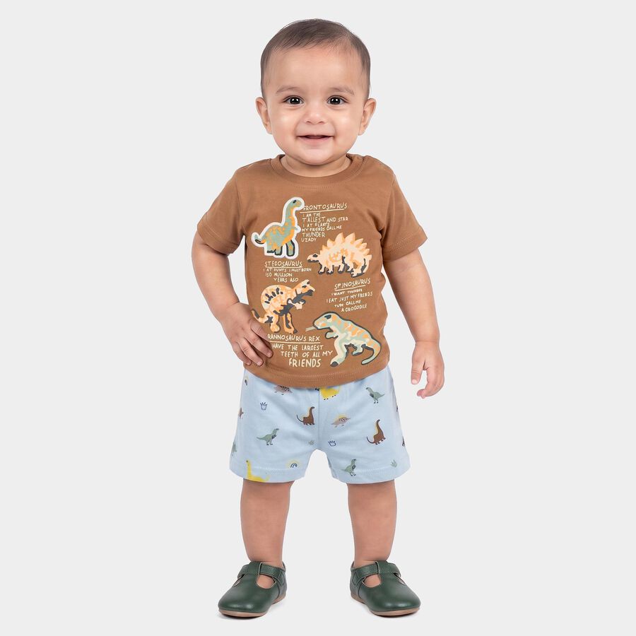 Infants' Beige 100% Cotton Round Neck Dinosaur Graphic Print Baba Suit, Beige, large