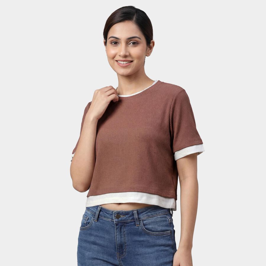 Women's Beige Mock Neck Minimalist Top, Beige, large