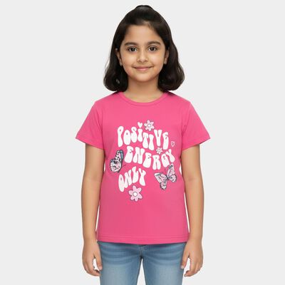 Girls' Bright Pink Cotton Round Neck Casual T-Shirt