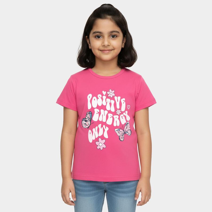 Girls' Bright Pink Cotton Round Neck Casual T-Shirt, रानी (फ्यूशिया), large image number null