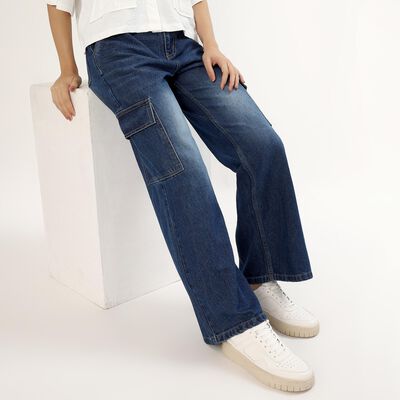 Women's Stonewashed Blue Wide-Leg Cargo Jeans