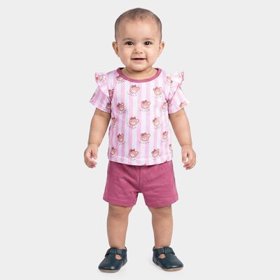 Infants Pink Cotton Round Neck Short Set Upper and Bottom Set