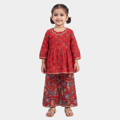 Girls Red Round Neck Fusion Set Upper and Bottom Set