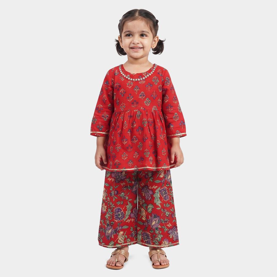 Girls Red Round Neck Fusion Set Upper and Bottom Set, लाल, large