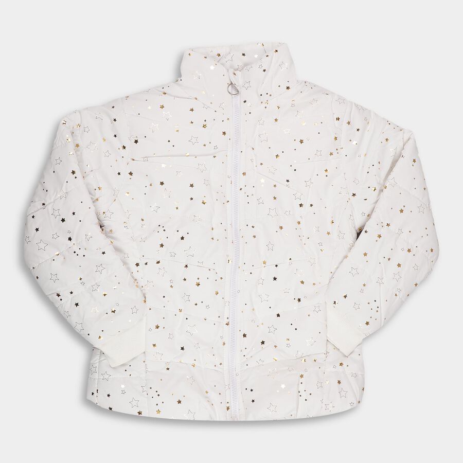 Girls' White High Neck Star Print Puffer Jacket, White, large image number null