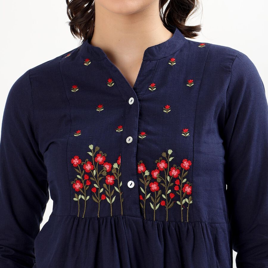 Women's Deep Midnight Navy Blue Cotton Embroidered Ethnic Set, Navy Blue, large image number null