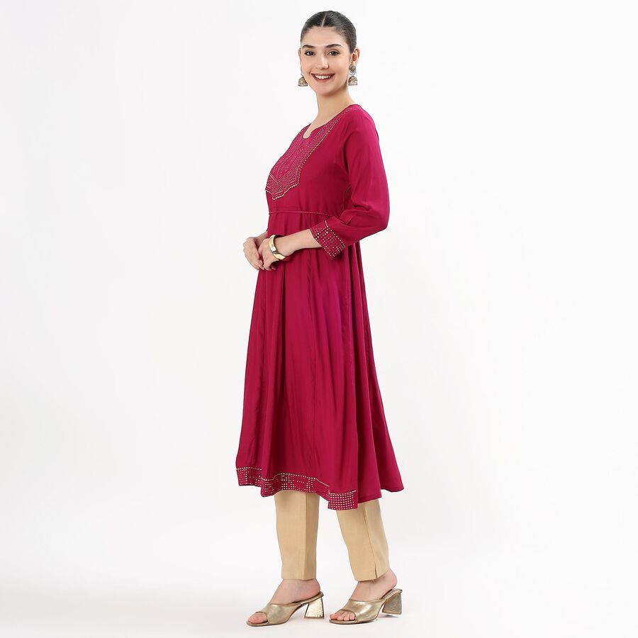 Women's Magenta Round Neck Embroidered Kurta, Fuchsia, large