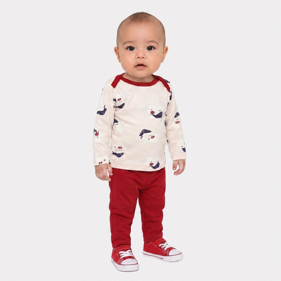Infants' Beige 100% Cotton Round Neck Printed Baba Suit, Beige, large
