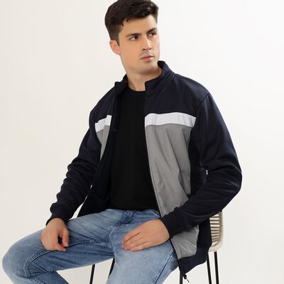 Men's Dark Navy Blue and Light Grey High Neck Casual Sweatshirt