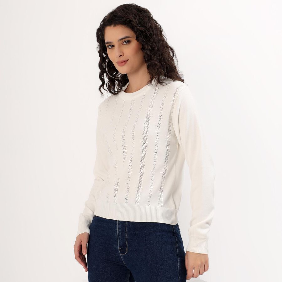 Women's Off White Cotton Crew Neck Casual Top, ऑफ व्हाइट, large