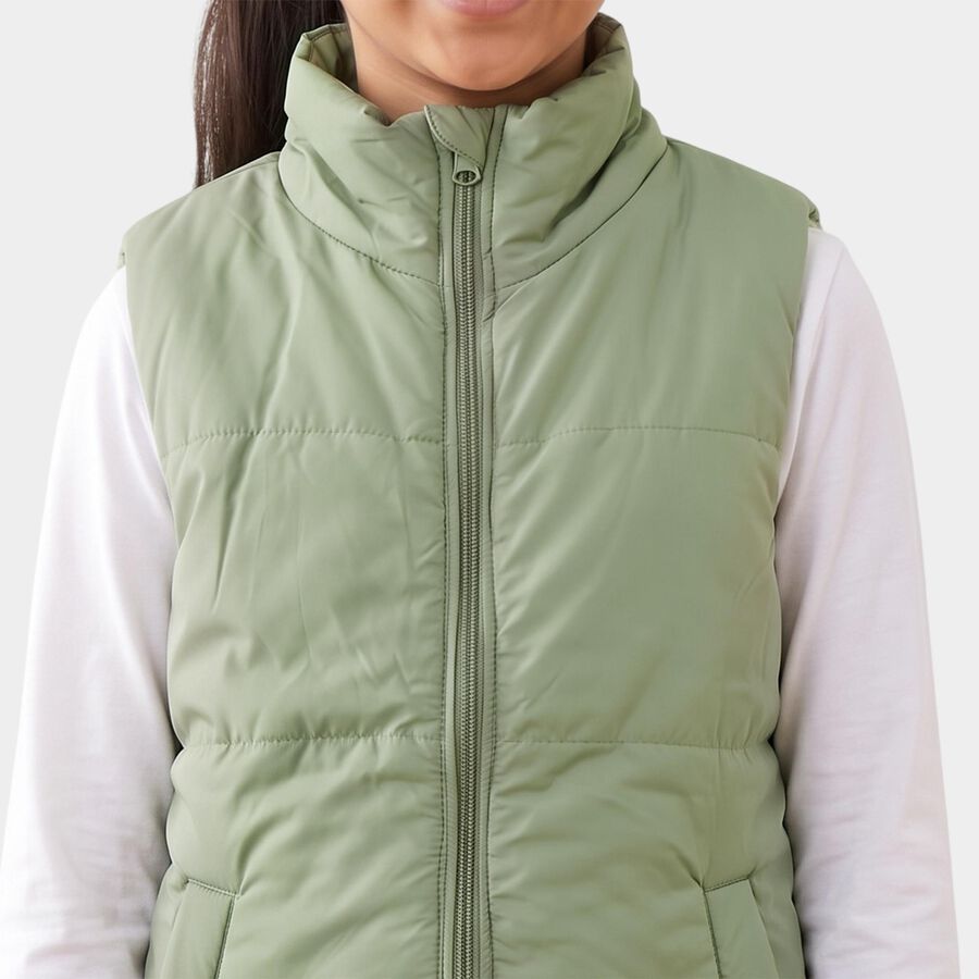 Girls' Sage Green Stand Collar Puffer Jacket, हल्का हरा, large