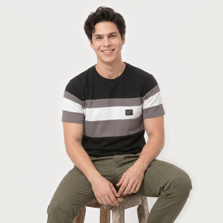 Men's Black Round Neck Regular T-Shirt, Black, large