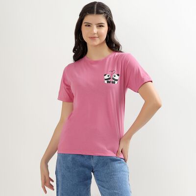 Women's Pink Round Neck Graphic Print T-Shirt