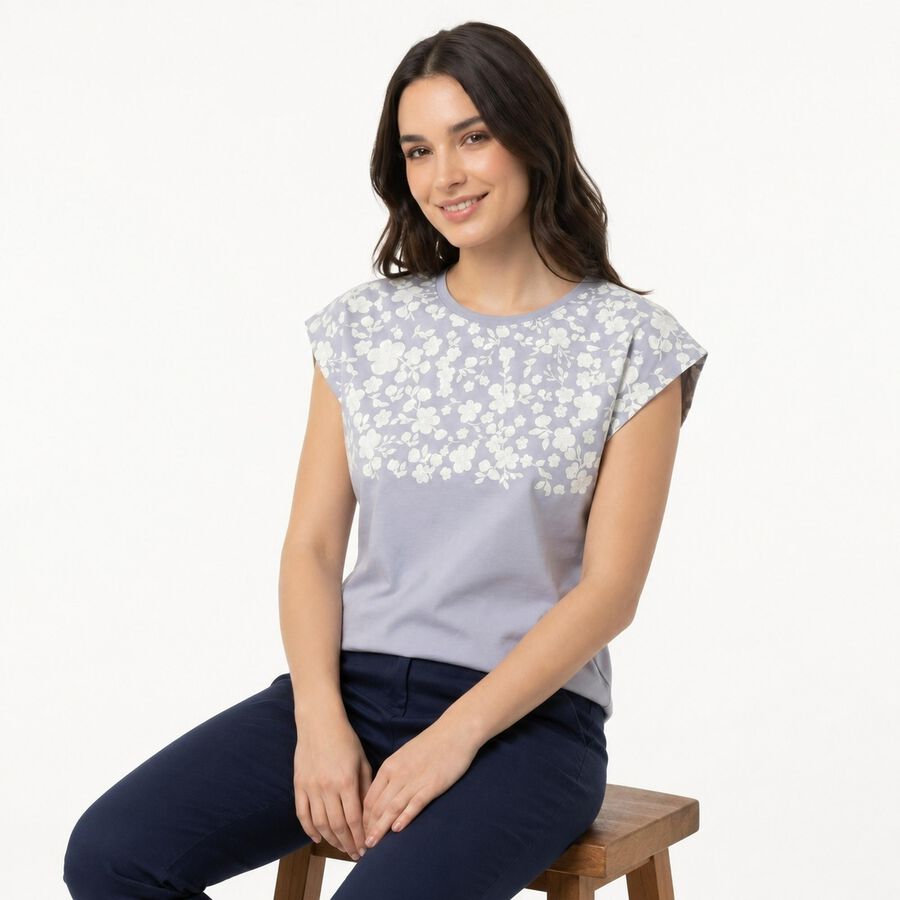 Women Light Blue Round Neck Regular T-Shirt, Light Blue, large