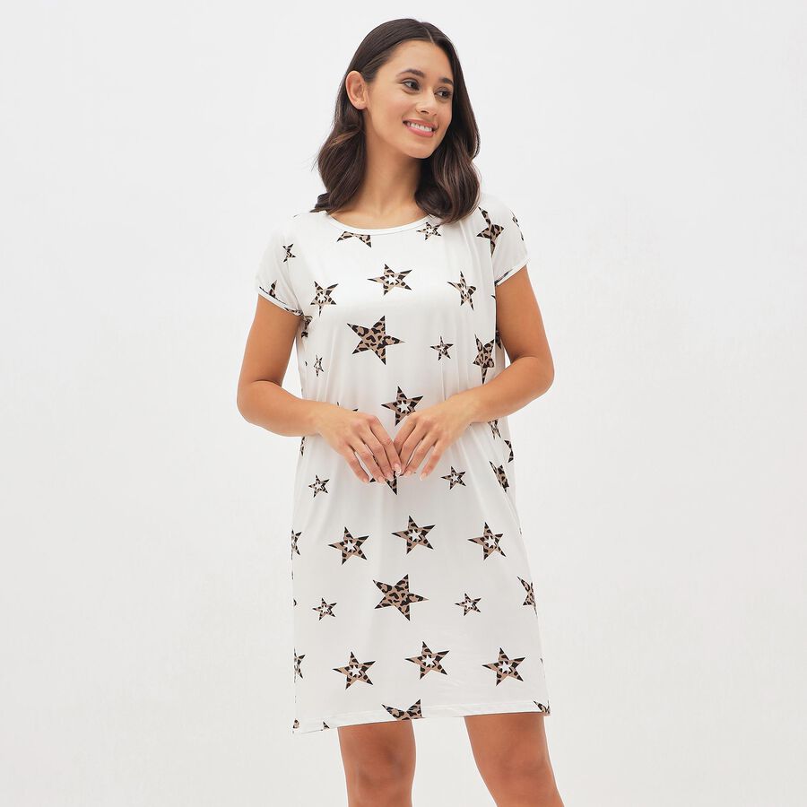 Women's Bright White Round Neck Casual Nighty, सफ़ेद, large image number null