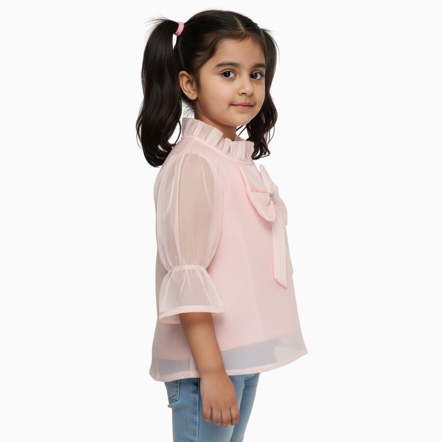 Girls' Pale Peach Ruffled Neck Romantic T-Shirt, Peach, large
