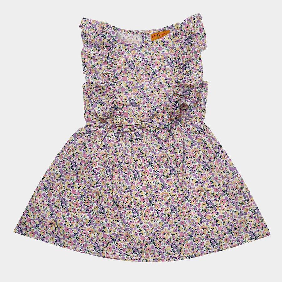 Girls' White Fit and Flare Floral Printed Ruffle Frock, Off White, large