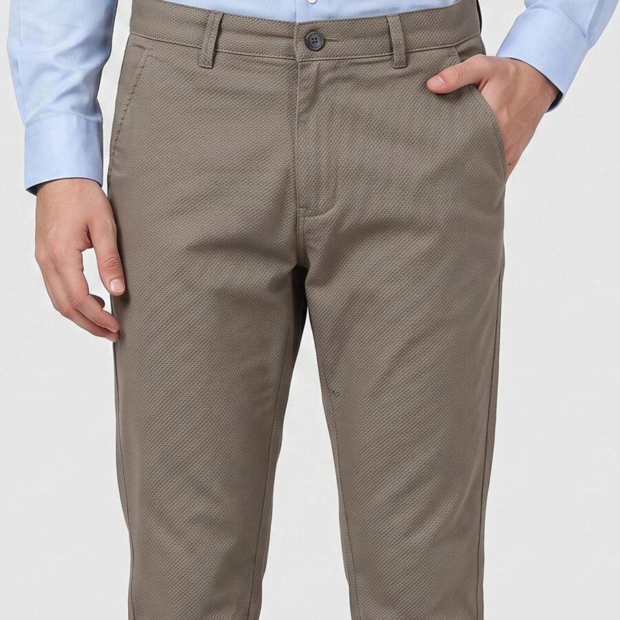 Men's Grey Slim Fit Textured Casual Trousers, हल्का ग्रे, large